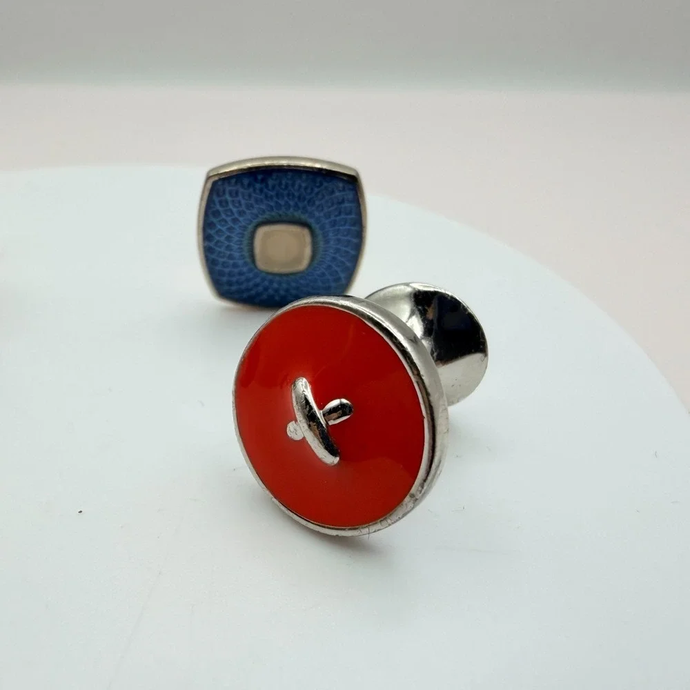 Vintage 90s Silver Tone Men Cufflink Stud Set Blue Red Enamel Jewelry